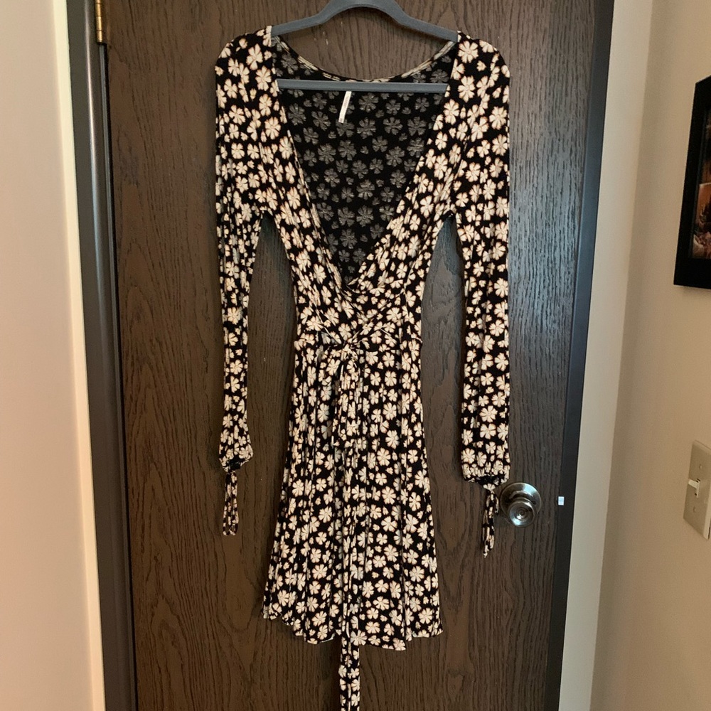 Free People LS Black Wrap Dress w Floral Pattern